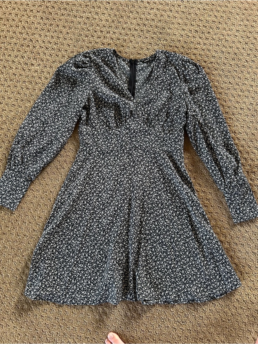 SHEIN Black & White Floral Long-Sleeve Fit-and-Flare Dress